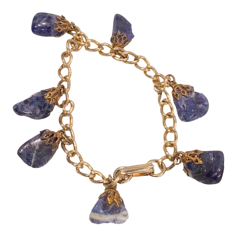 Vintage Gold Tone Chainlink w Cobalt Blue Sodalite Rock Charms Bracelet